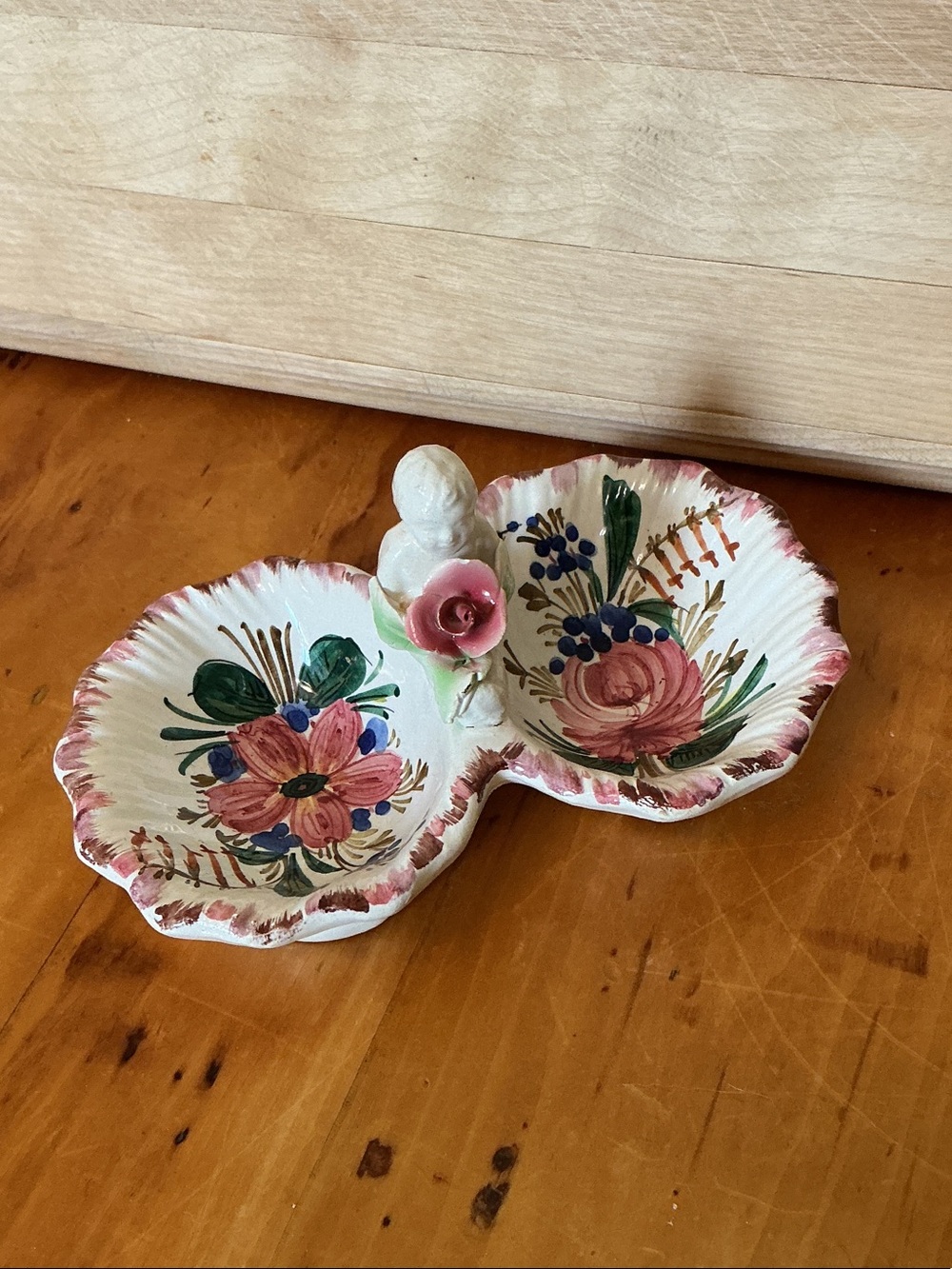 Vintage Italian 50s Cherub Petite Floral Two Dishes Candy Dish